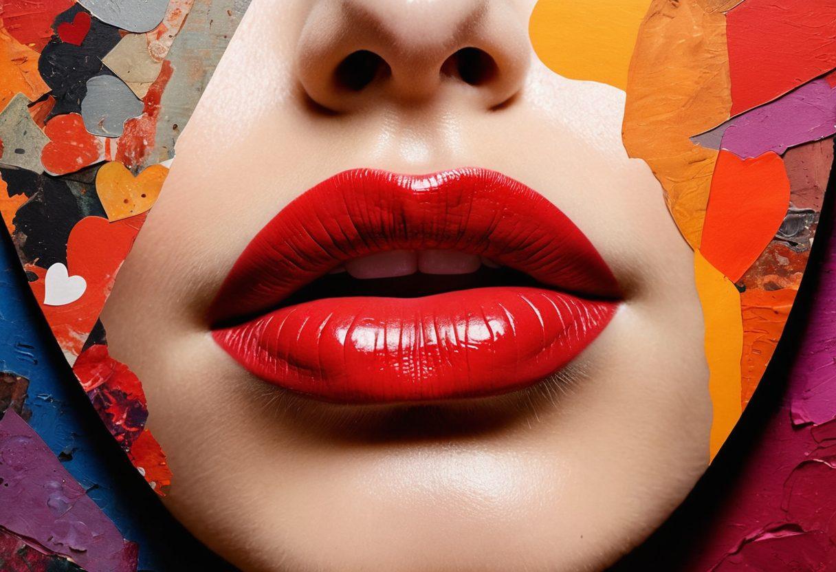 A thought-provoking collage that blends elements of adult media, such as abstract representations of intimacy and sensuality, with symbols of sexual expression like the lips, hearts, and shadowy silhouettes. Incorporate vibrant colors to evoke passion and curiosity, and use layered textures that suggest depth. The background should subtly hint at a world where boundaries blur, fostering an atmosphere of exploration and discovery. mixed media. vibrant colors. abstract style.